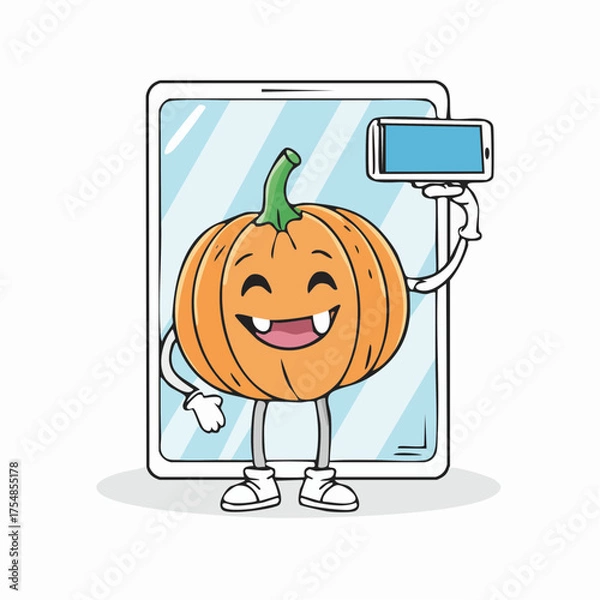 Obraz doodle icon vector Funny Halloween pumpkin, takes a selfie in the supermarket
