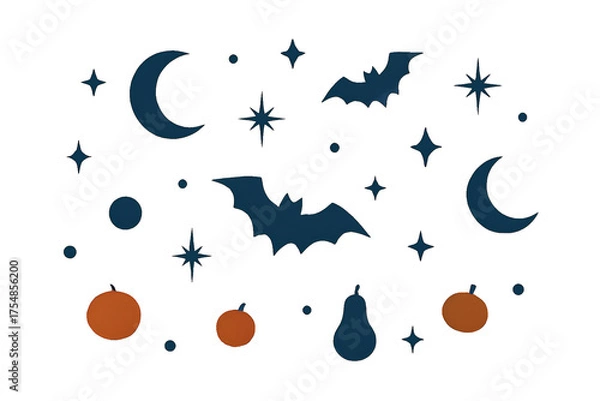 Fototapeta Halloween Bats and Pumpkins with Stars and Moons – Stylized Festive Illustration on White Background