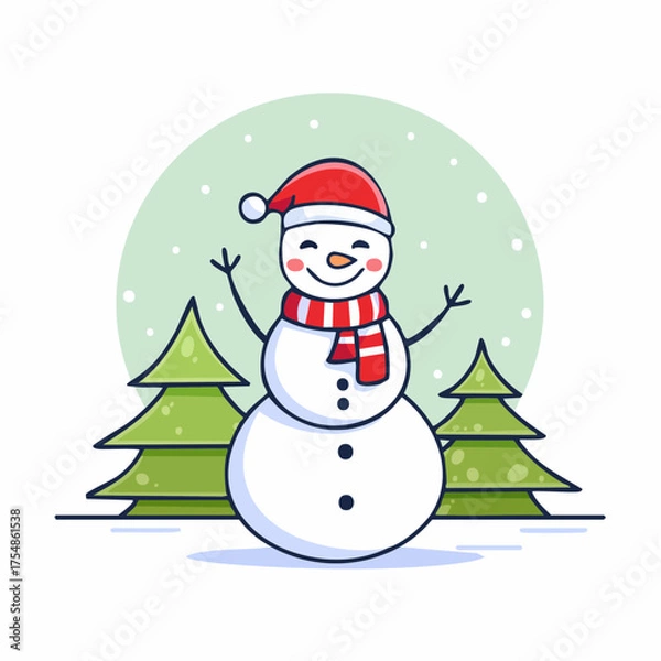 Obraz doodle icon vector Happy snowman in a scarf and red Santa hat standing and waving against a winter Christmas landscape.