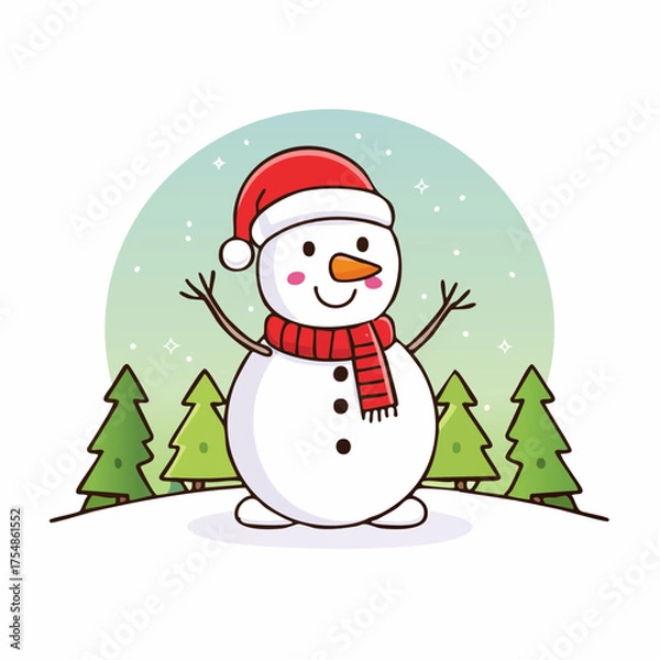 Obraz doodle icon vector Happy snowman in a scarf and red Santa hat standing and waving against a winter Christmas landscape.
