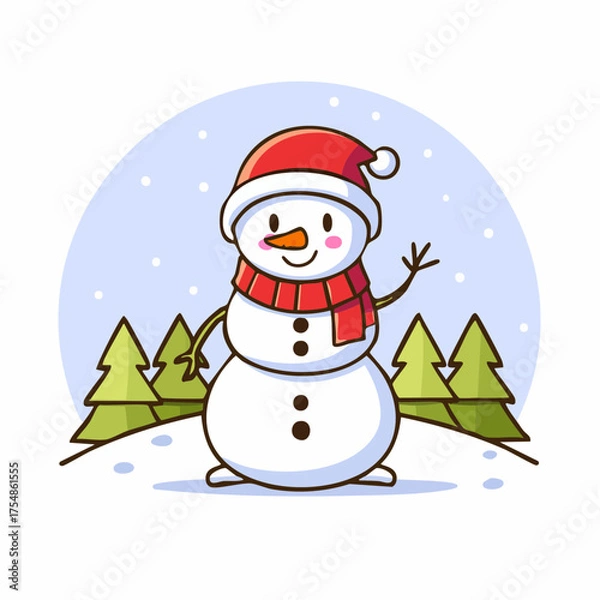 Obraz doodle icon vector Happy snowman in a scarf and red Santa hat standing and waving against a winter Christmas landscape.