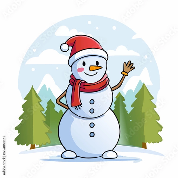 Obraz doodle icon vector Happy snowman in a scarf and red Santa hat standing and waving against a winter Christmas landscape.
