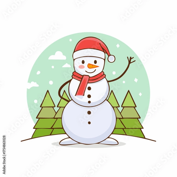 Obraz doodle icon vector Happy snowman in a scarf and red Santa hat standing and waving against a winter Christmas landscape.