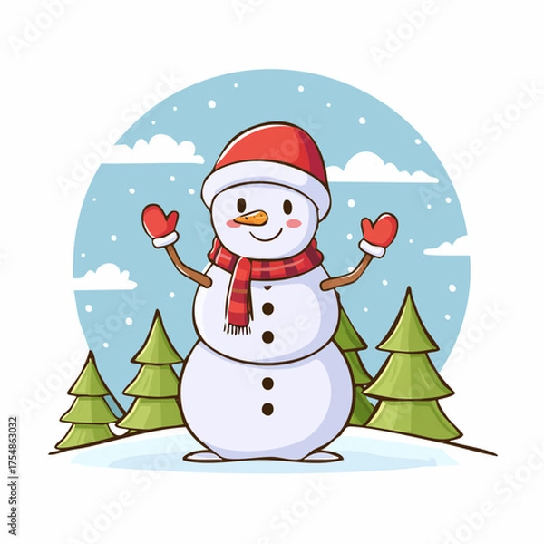 Obraz doodle icon vector Happy snowman in a scarf and red Santa hat standing and waving against a winter Christmas landscape.