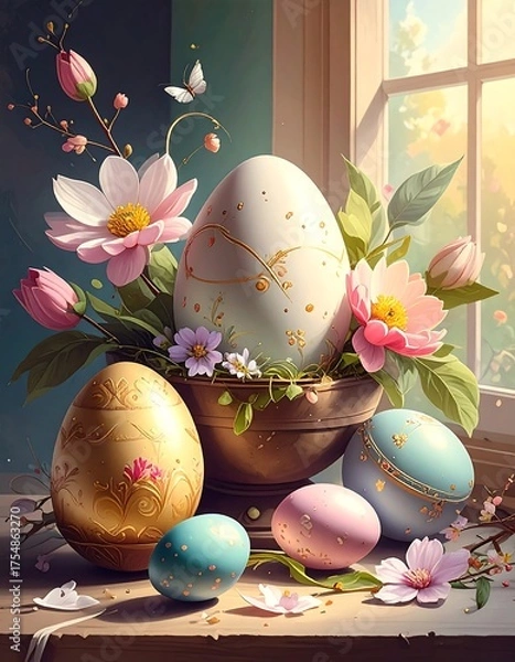 Obraz Easter still life, floral arrangement with decorated eggs, near a window