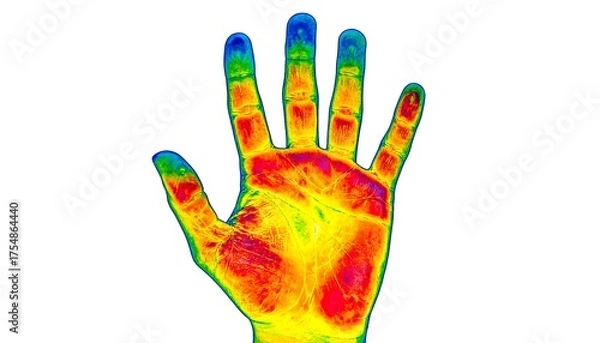 Obraz A thermal imaging scan of an open human hand against a bright white backdrop, revealing varying heat signatures in colorful gradients
