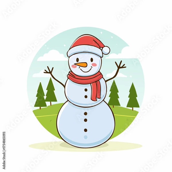 Obraz doodle icon vector Happy snowman in a scarf and red Santa hat standing and waving against a winter Christmas landscape.