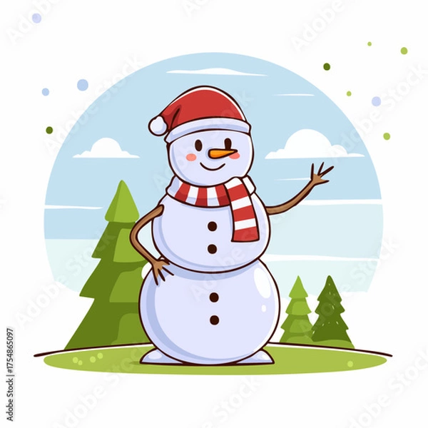 Obraz doodle icon vector Happy snowman in a scarf and red Santa hat standing and waving against a winter Christmas landscape.