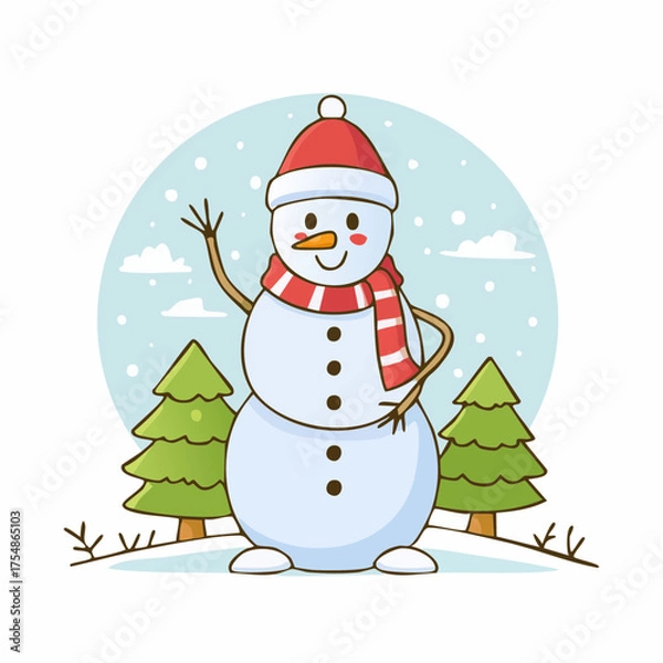 Obraz doodle icon vector Happy snowman in a scarf and red Santa hat standing and waving against a winter Christmas landscape.