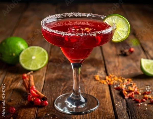 Obraz Festive cranberry cocktail with lime garnish on wooden surface