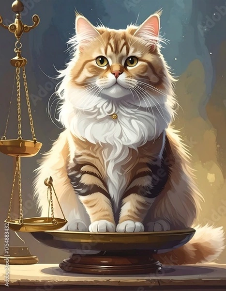 Fototapeta Fluffy cat poses regally on a balance scale; poised and dignified