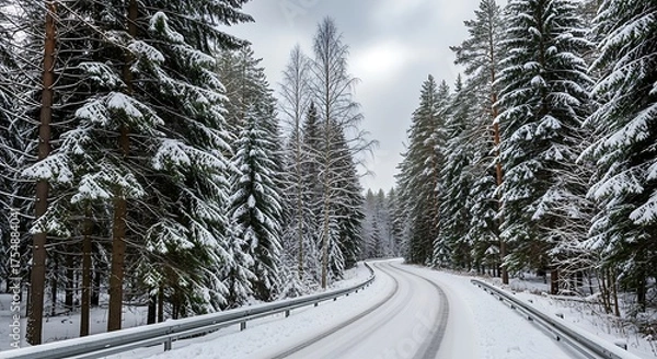 Obraz Snowcovered road winding through a dense pine forest