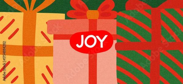 Fototapeta Merry Christmas and Happy New Year greeting card or banner. A modern, beautiful Christmas design with typography and gifts. Art poster, cover, and decor templates.