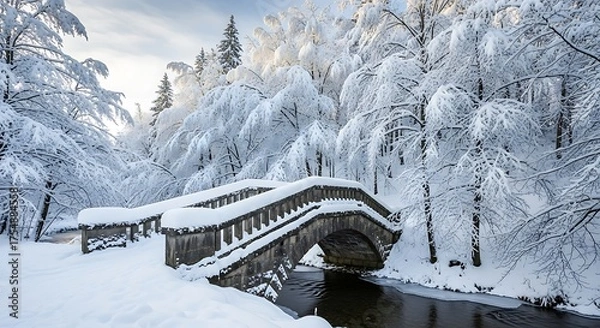 Obraz Stone bridge covered in snow in a winter forest landscape