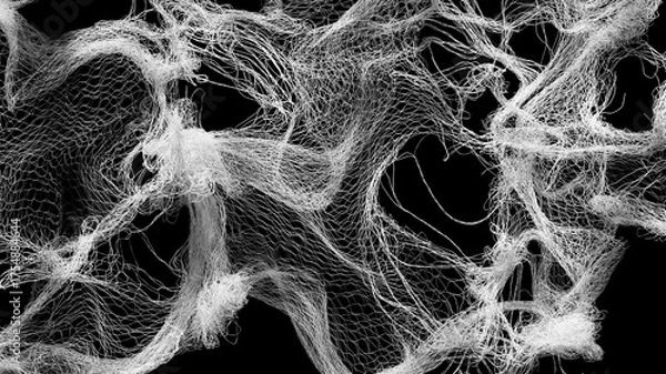 Obraz 3d video art Intricate white mesh lines form abstract, flowing wave patterns against a black backdrop. The image evokes a digital fabric or neural network with high complexity and motion-like depth