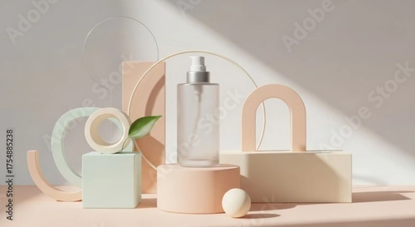 Fototapeta Frosted glass bottle with pump dispenser on pastel geometric pedestals and abstract shapes cosmetic product