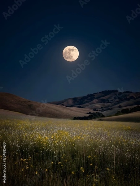 Fototapeta A full moon shines brightly over a field of yellow wildflowers and rolling hills under a dark night sky
