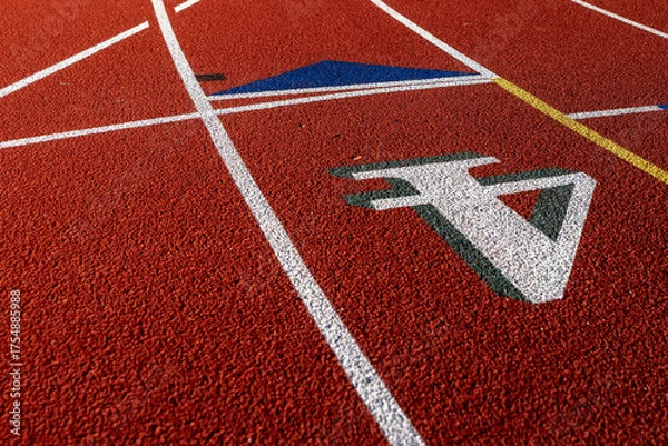 Obraz Close up photo of outdoor running track lane white number four, 4, with green shadow, on a new red track with white lane lines.