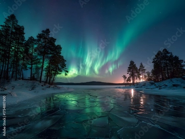 Fototapeta Vibrant Aurora Borealis illuminates a frozen winter landscape with a reflective ice surface