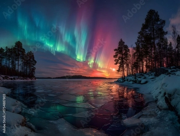 Fototapeta Vibrant aurora borealis dances over a frozen lake reflecting colorful lights with silhouetted trees