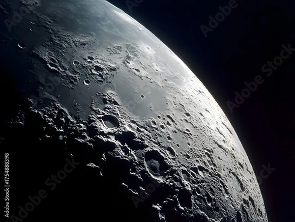 Fototapeta Detailed close up view of the Moon s surface revealing numerous impact craters and rugged lunar terrain under dramatic lighting and deep shadows