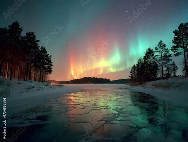 Fototapeta Vivid Aurora Borealis illuminates a frozen lake with cracked ice under a starry night