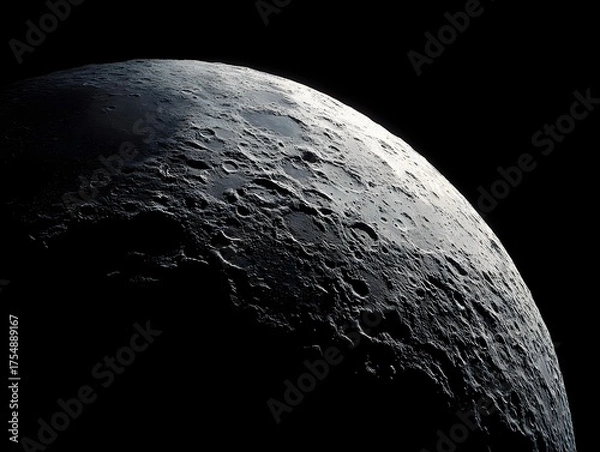 Obraz Detailed close up view of the Moon s rugged cratered surface against the blackness of space