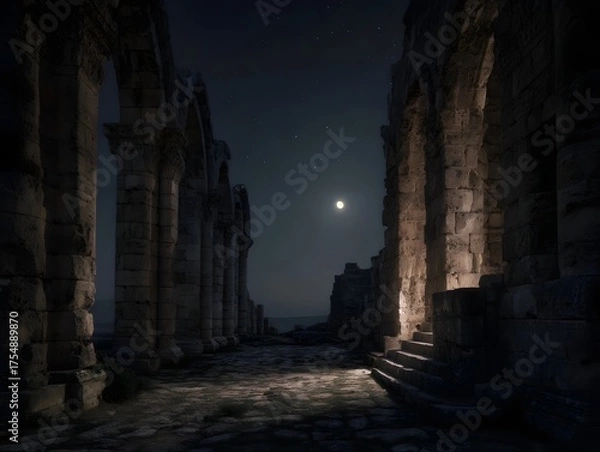 Fototapeta Ancient stone ruins illuminated by moonlight beneath a vast starry night sky