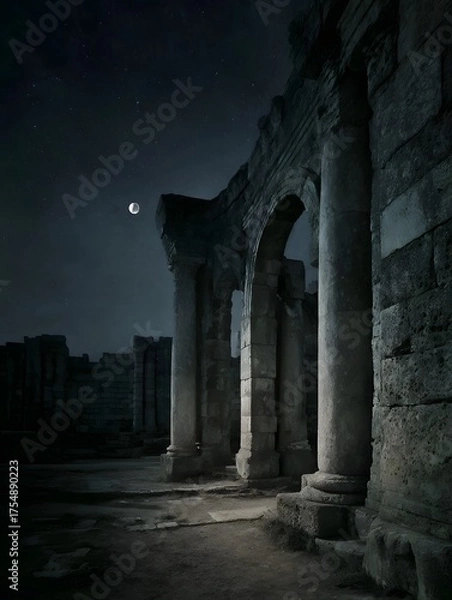 Fototapeta Ancient stone ruins bathed in moonlight under a vast starry night sky