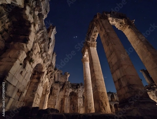 Fototapeta Ancient stone ruins with towering columns and arches under a starry night sky illuminated to reveal weathered textures