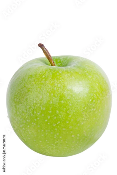 Obraz Close up shot of a single green apple with a stem on a black background view on transparent background
