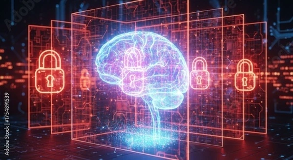 Fototapeta Glowing blue brain with padlock overlay surrounded by red digital security locks and circuit board patterns