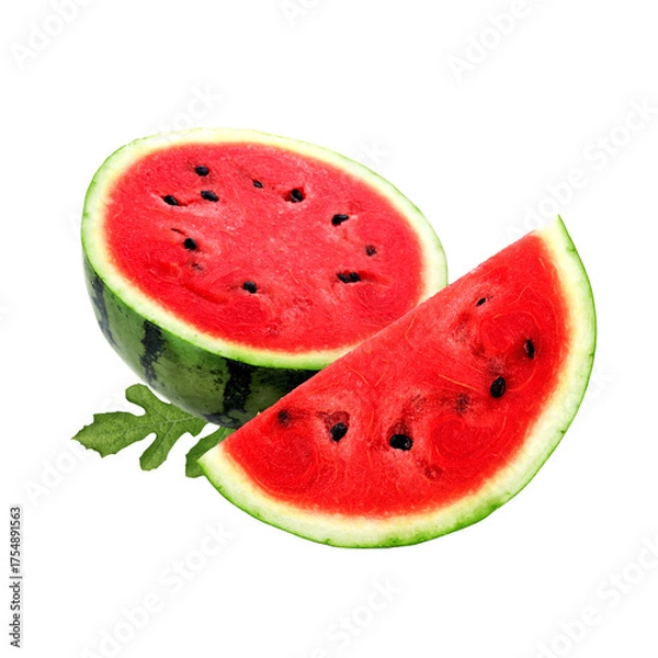 Obraz A halved watermelon and a slice with seeds on a black background with a leaf on transparent background