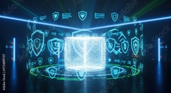 Fototapeta Glowing blue cube with security shields and data streams in dark futuristic environment technology cyber
