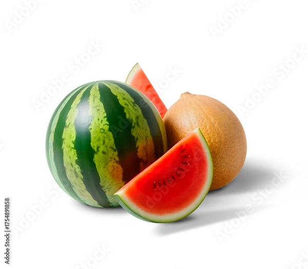 Fototapeta A whole watermelon with slices and a melon on a solid black background view on transparent background