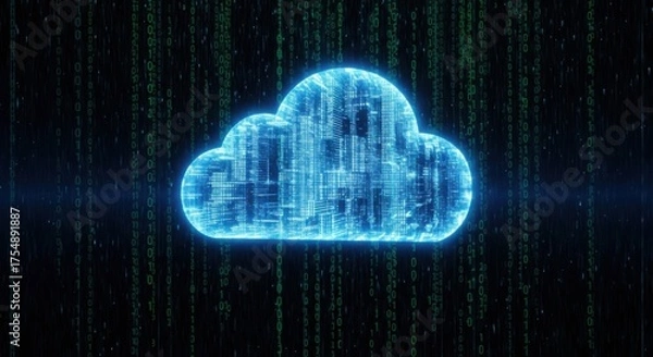 Fototapeta Glowing blue digital cloud formed from circuit board patterns against a background of falling green binary code