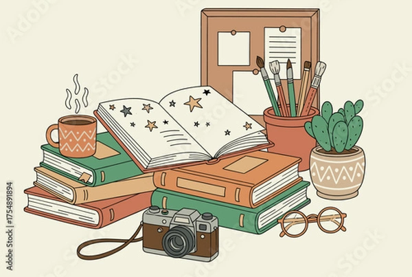 Fototapeta Artistic Desk with Books, Sketchbook, and Camera