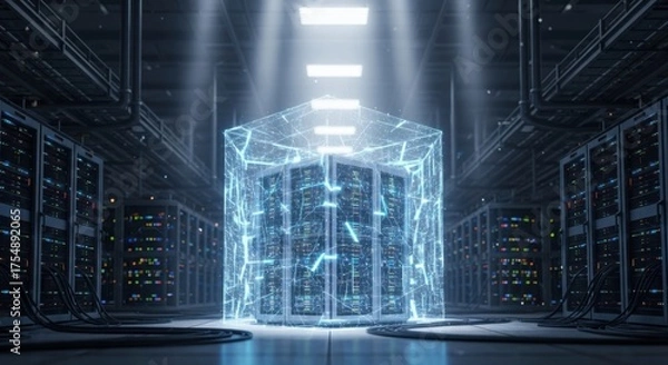 Fototapeta Glowing blue digital data cube encloses servers in a dark data center server room technology