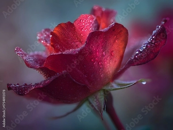 Obraz A close up ro view of a vibrant red rose with dewdrops glistening on its delicate petals