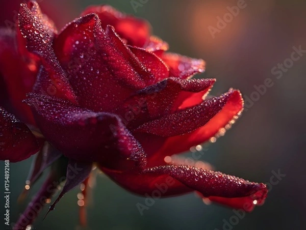 Fototapeta A detailed ro shot of a vibrant red rose covered in glistening dew drops with soft light highlighting the delicate petals