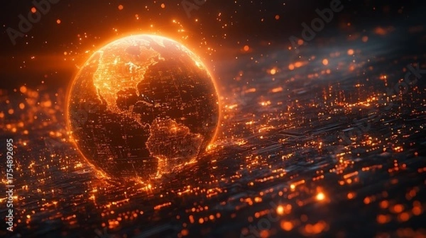 Fototapeta Digital earth illuminates a circuit board landscape with vibrant, glowing orange lights, showcasing network connectivity