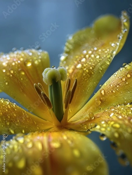 Fototapeta Close up ro view of a dew covered yellow tulip revealing intricate details of its petals and stamen