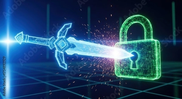 Fototapeta Glowing blue digital sword striking a green digital padlock with sparks security cyber security