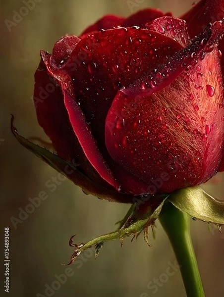 Fototapeta Close up ro view of a vibrant red rose with glistening dew drops on its petals
