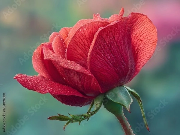 Obraz Close up ro photograph of a vibrant red rose glistening with morning dew drops on its delicate petals