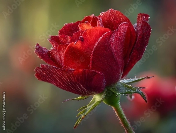 Fototapeta A vibrant red rose glistens with dew drops showcasing intricate petal details in soft light