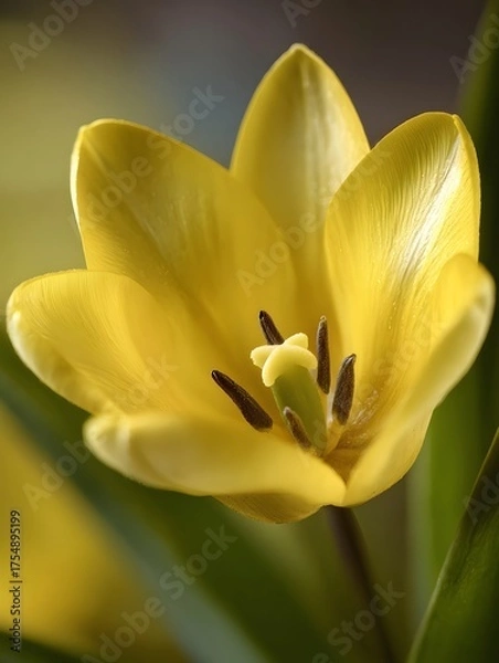 Fototapeta Close up view of a vibrant yellow tulip in full bloom showcasing its delicate petals and intricate center