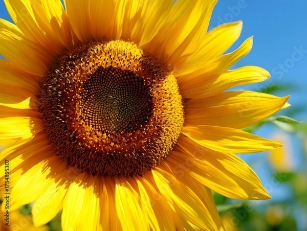 Fototapeta A vibrant close up view of a bright yellow sunflower in full bloom against a clear blue sky