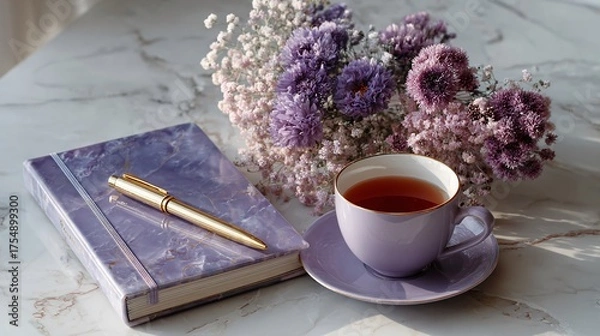 Obraz Serene Tea Time with Lavender Flowers and Elegant Journal on Table