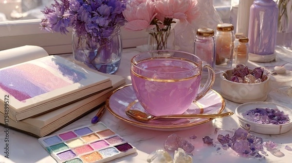 Obraz Delicate Tea Setup with Pastel Colors and Crystals on a Sunny Table